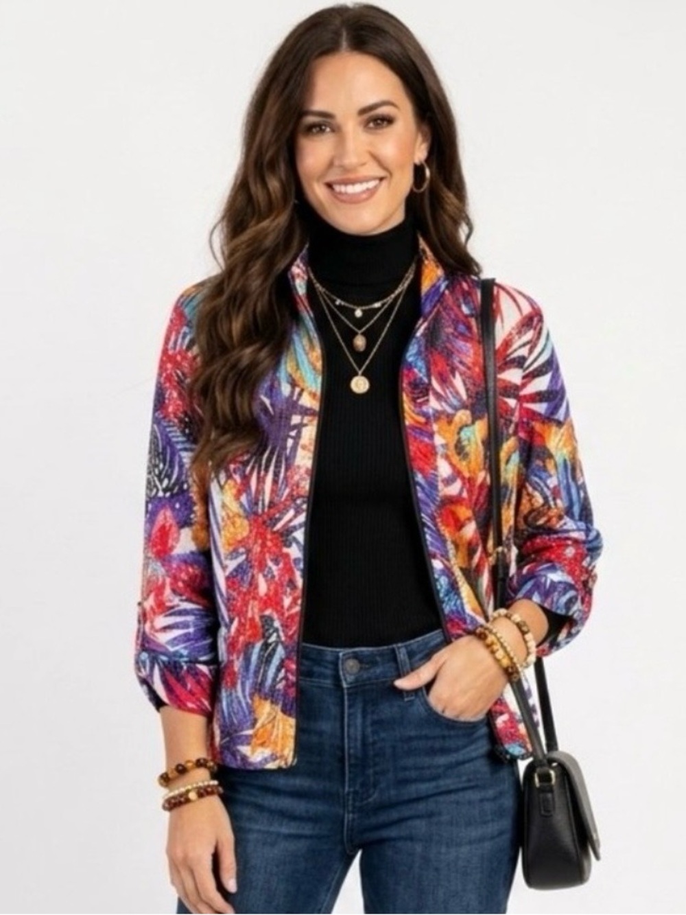 Vibrant Tropical Print Lightweight Zip up Jacket - Multicolor retail $65